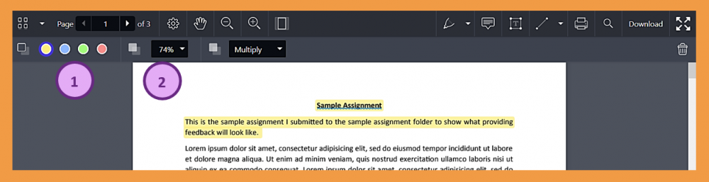 Screenshot of highlighted text and further customisation options via the menu bar at the top of the annotation page